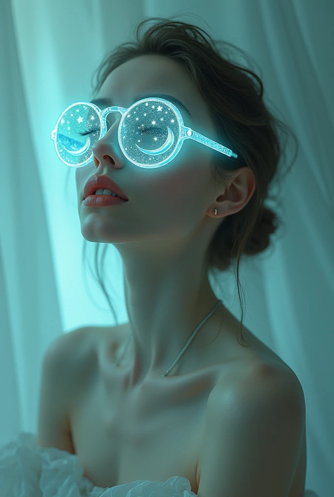 The model is wearing glass sunglasses with stars and the moon on the glass and without any clothe, pink nipple full img