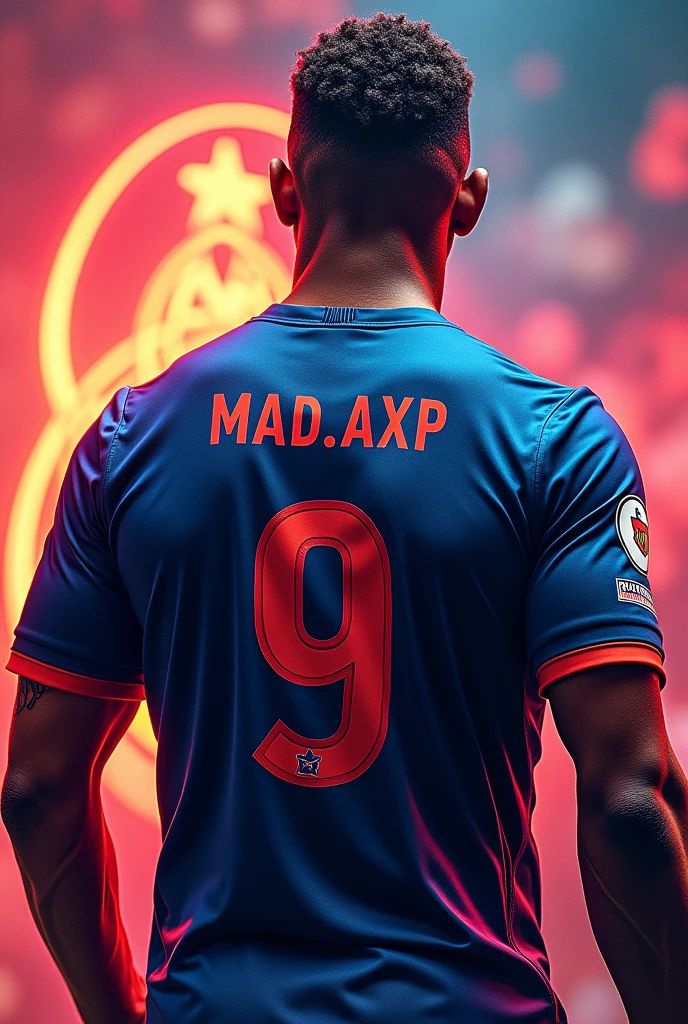 Make a mbappe photo from back side shirt no 9 with a name of mad.axp and real madrid logo on background with colourfull