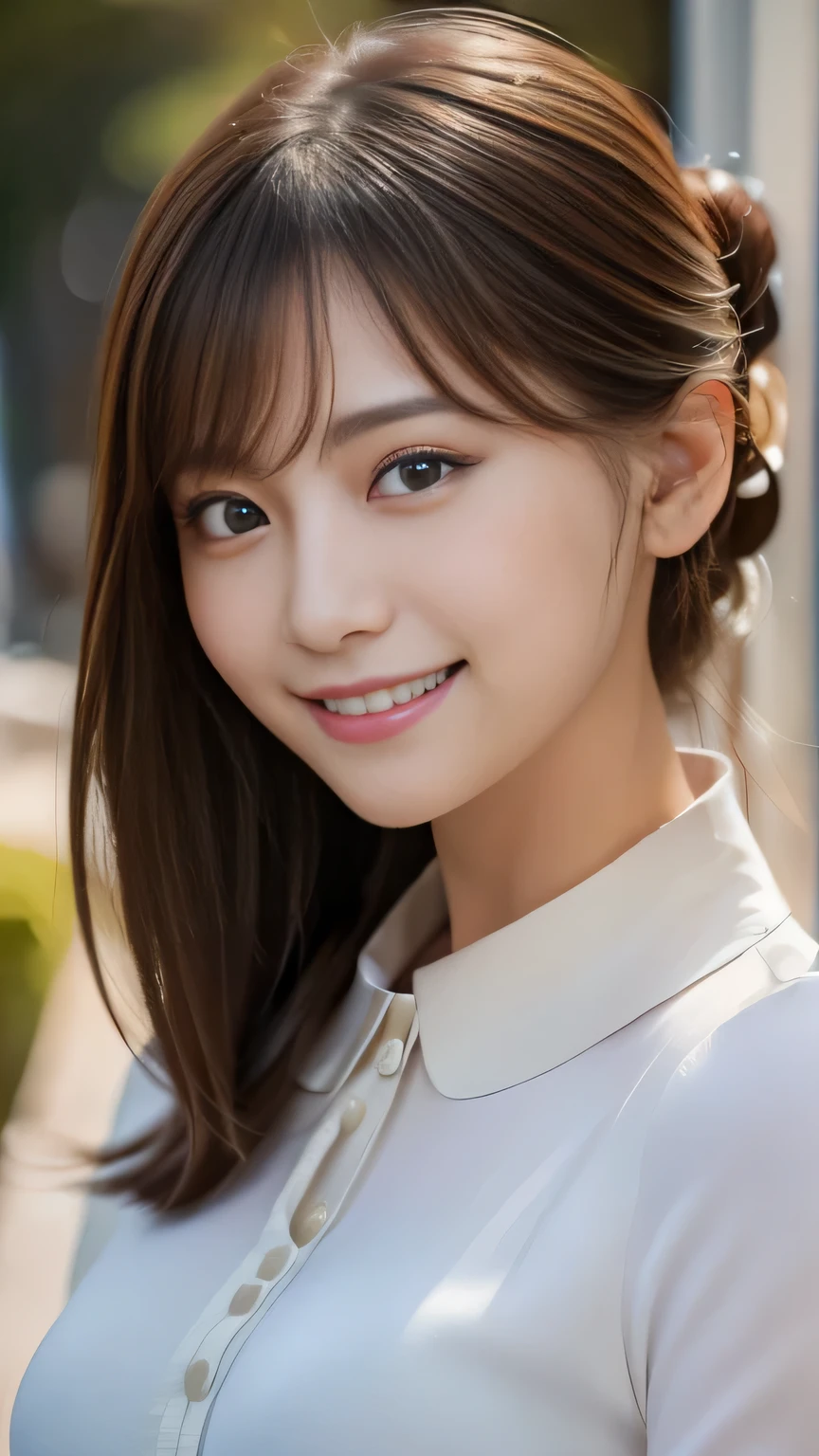 (8k, Highest quality, Genuine、 Ultra-high resolution:1.5),Beautiful Japanese Woman, ((Cute Smile)),(Updo), (Blouse with a large collar), A side profile peering into this, Close-up shot of face、