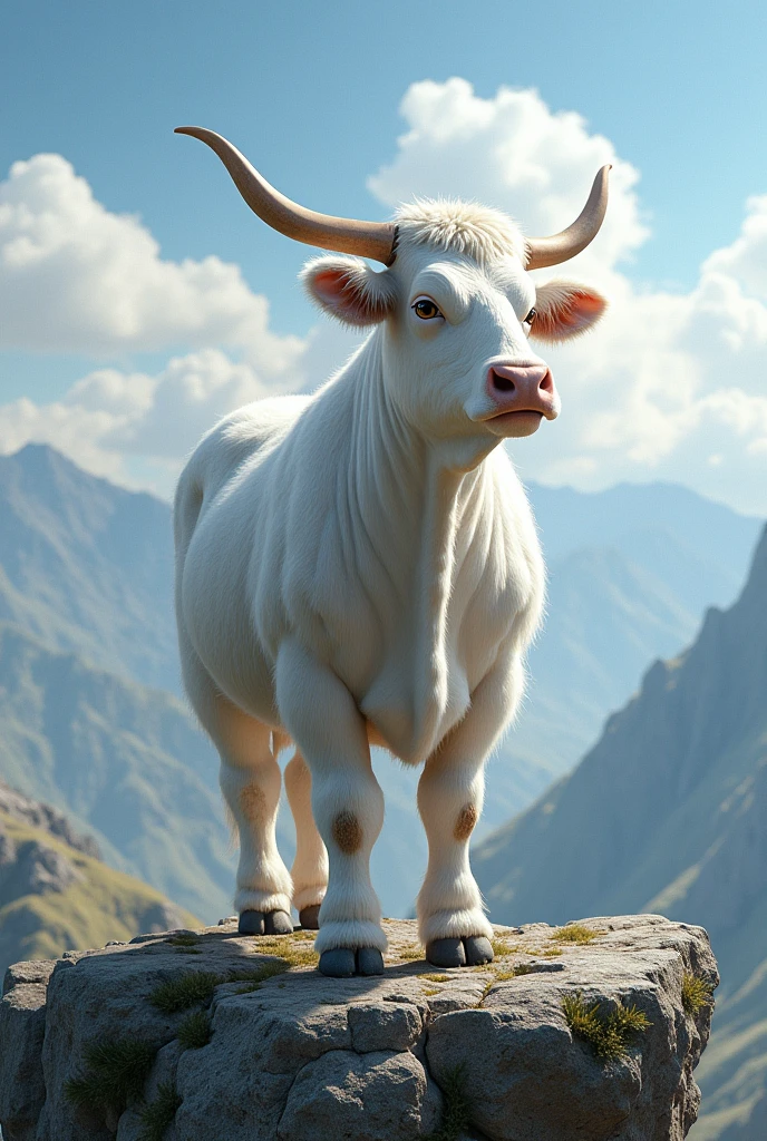 Beautiful full white cow stands over summit