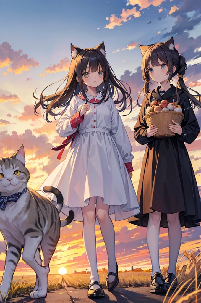 Anime illustration、Five cats with their limbs spread、Spread your meatballs、Flying through the sky overlapping with thin clouds、Movement parallel to the horizon、White calico cat、White striped cat、Yellow striped cat、Black Cat、High in the sky、Flowing with the clouds、high quality、masterpiece、The ground is a wheat field、Landscape swaying in the wind、There is no one here、Only cats、Autumn season dusk、The setting sun shines a little、Eastern European feel、Sad、Famous painting style、There is no one、Only cats、