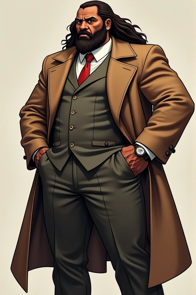 Middle-aged burly African man with long brown hair, He wears a brown formal suit with a trench coat, Whole body, anime style