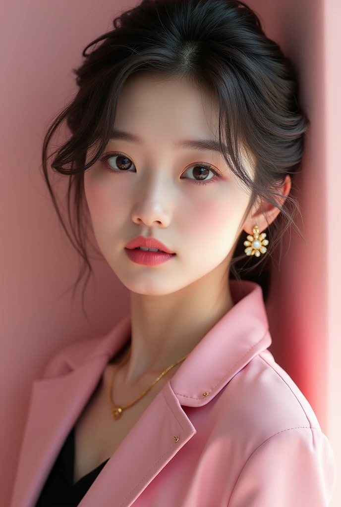 A beautiful girl in pink and black big doe korean eye wearing luxury without earrings and clear image