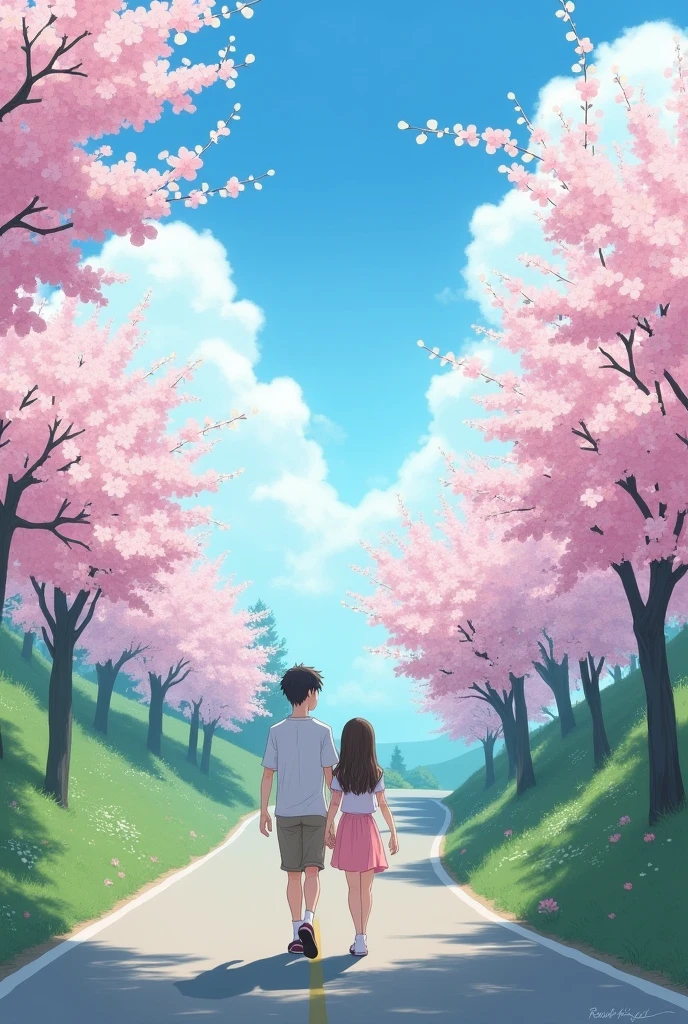 age Boy with a girl walking in road and Sakura treet and sky and