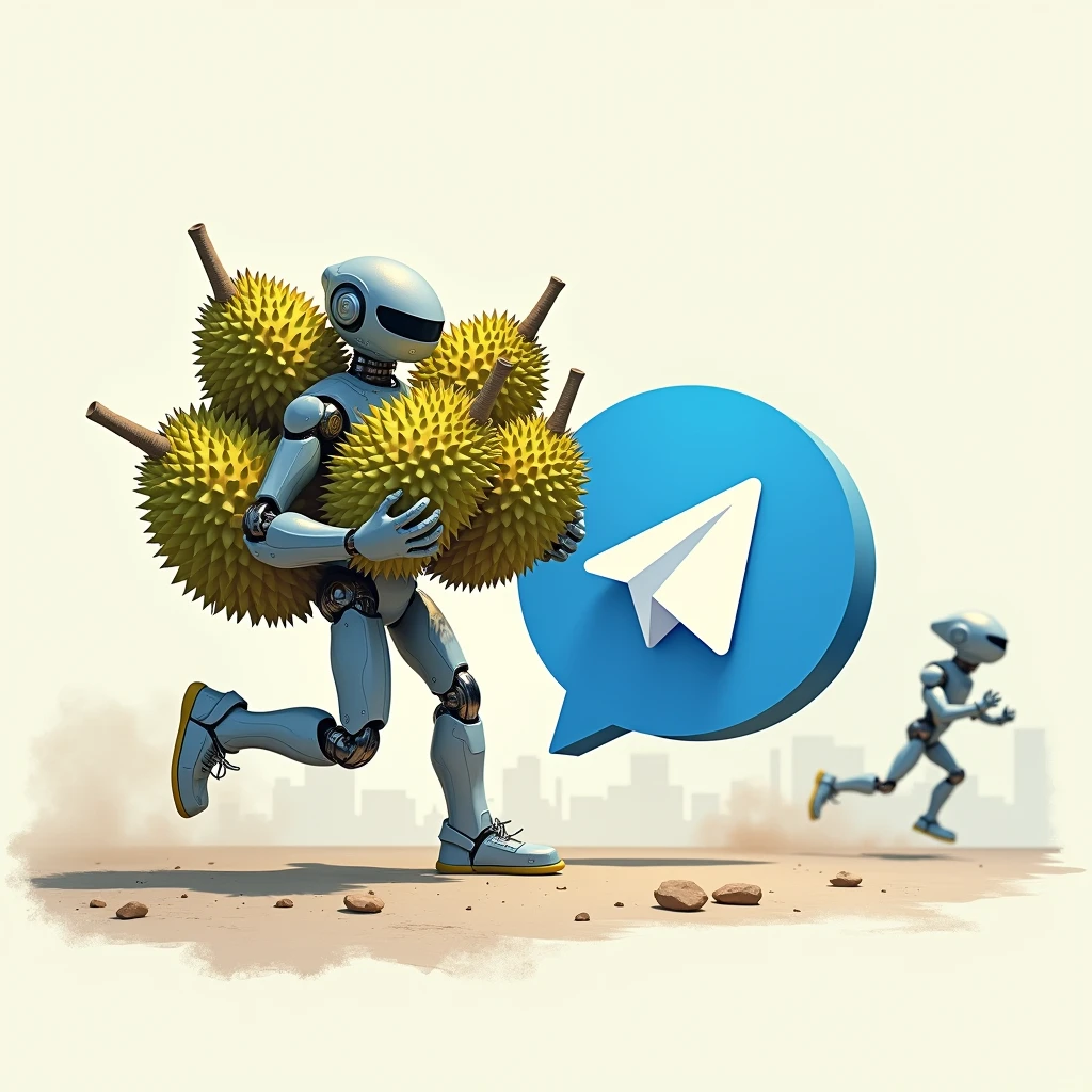 a robot holding a lot of durians is being chased by the telegram application, create image in 1:1 format