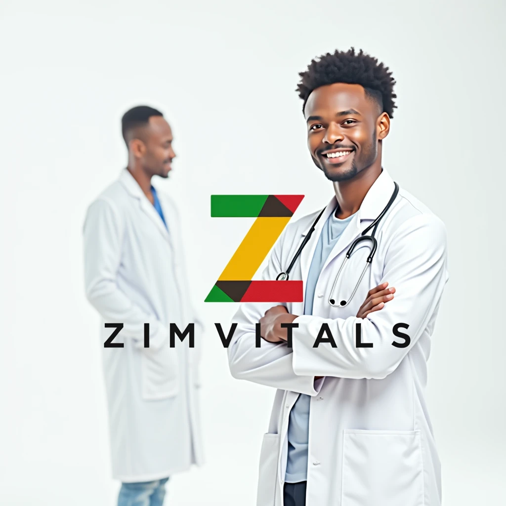I want a logo for a health channel called ZimVitals, with motto "Wellness together, happiness forever". With a photorealistic black doctor with a patient in the background. Put a Z which has green, yellow, red and black in that order.