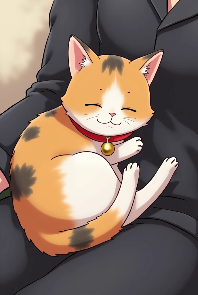 Anime Calico cat with red bell collar curled up like a ball in the lap of Nakahara Chuuya from Bungo Stray Dogs, with eyes closed and it's paws tucked under it. 