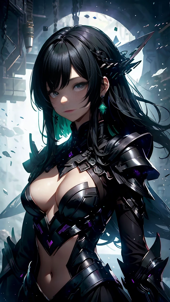 Highest quality、Precision、young woman、Expressionless、knight、Black armor、Earrings、Anthropomorphic crow、(Night sky simple background:1.3)、Semi-long hair、Black Hair、Green inner color hair、Bust Shot、