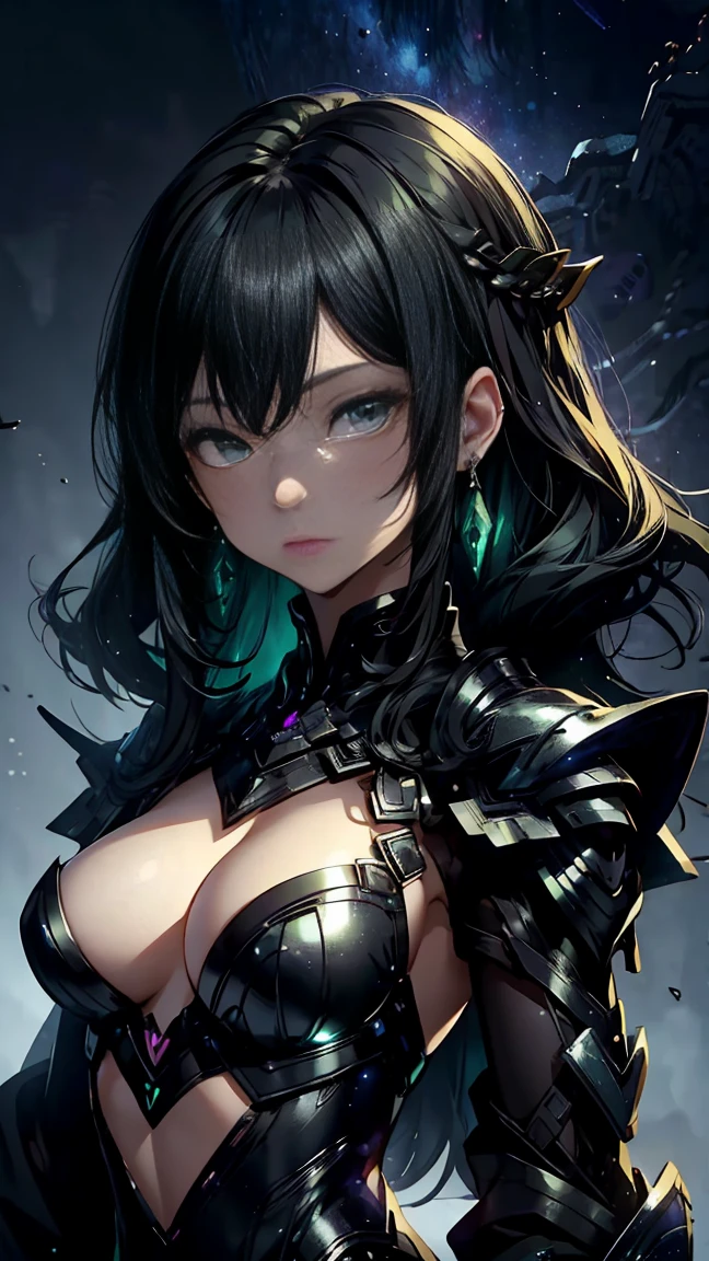 Highest quality、Precision、young woman、Expressionless、knight、Black armor、Earrings、Anthropomorphic crow、(Night sky simple background:1.3)、Semi-long hair、Black Hair、Green inner color hair、Bust Shot、