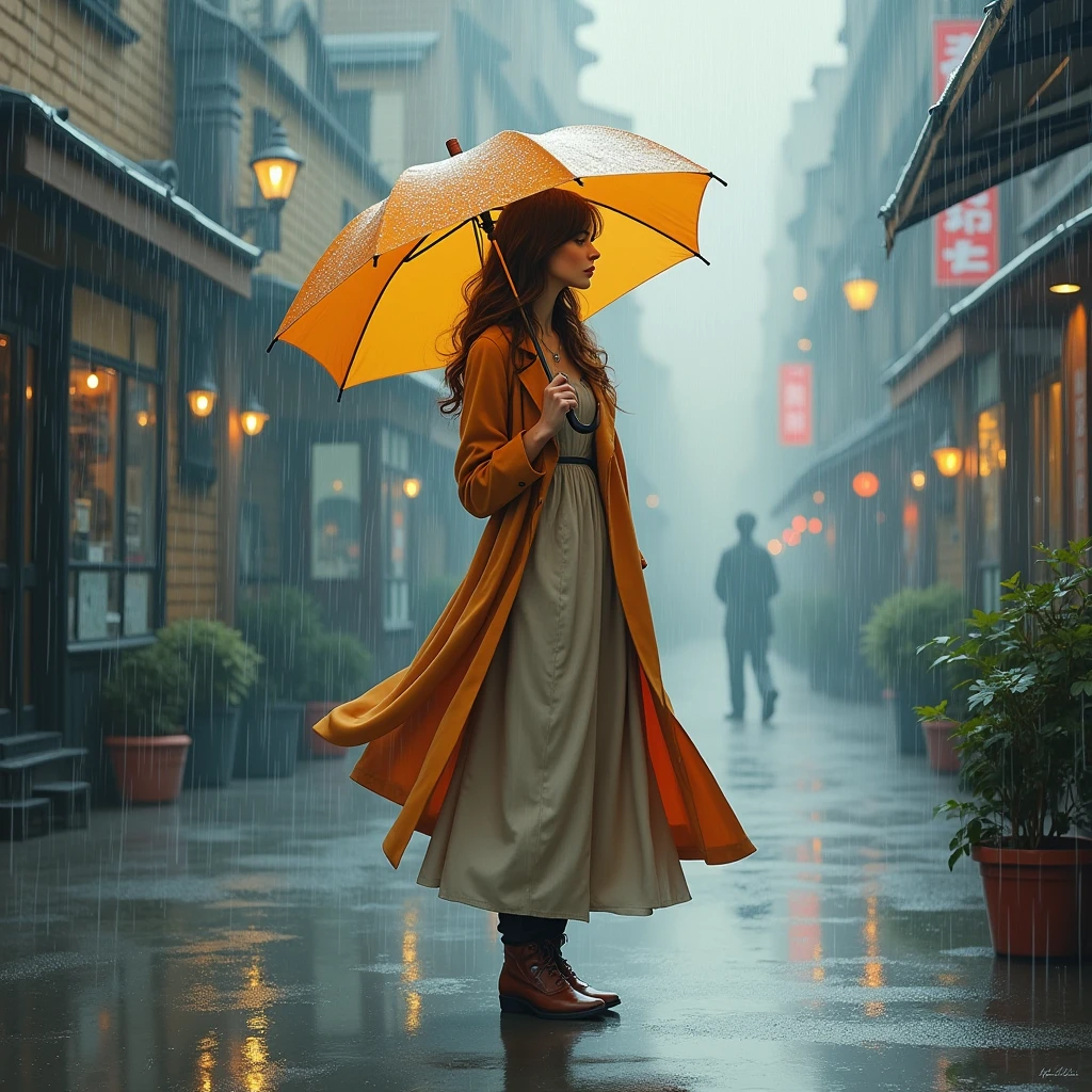 High-quality realistic acrylic art, vivid colors,  portrait of a bohemian woman, adorned with a fashionable umbrella and raincoat, gracefully standing amidst a soft rainfall. The muted, misty colors of the scene create a serene atmosphere, with delicate raindrops falling and reflecting off the wet pavement. The overall composition exudes a sense of tranquility and elegance, as if the woman is embracing the gentle rain and the beauty of the moment.