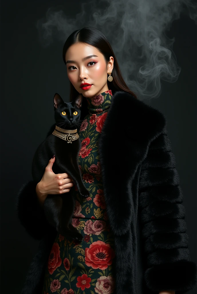 beautiful japanese woman wearing nude hijab and tanned skin, wearing designer black glitter fur coat, and Gucci signature floral turtle neck satin dress (Dark green, red, gold), thick eyebrows, photorealistic, masterpiece, moncle, open coat, pouting lips, pouting, blank black background with smoke and good lighting, holding black sphinx cat with gold collar