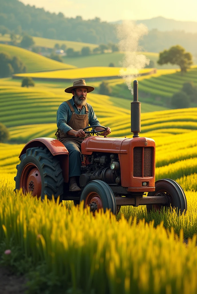 A farmer with a tractor in farm with paddy 