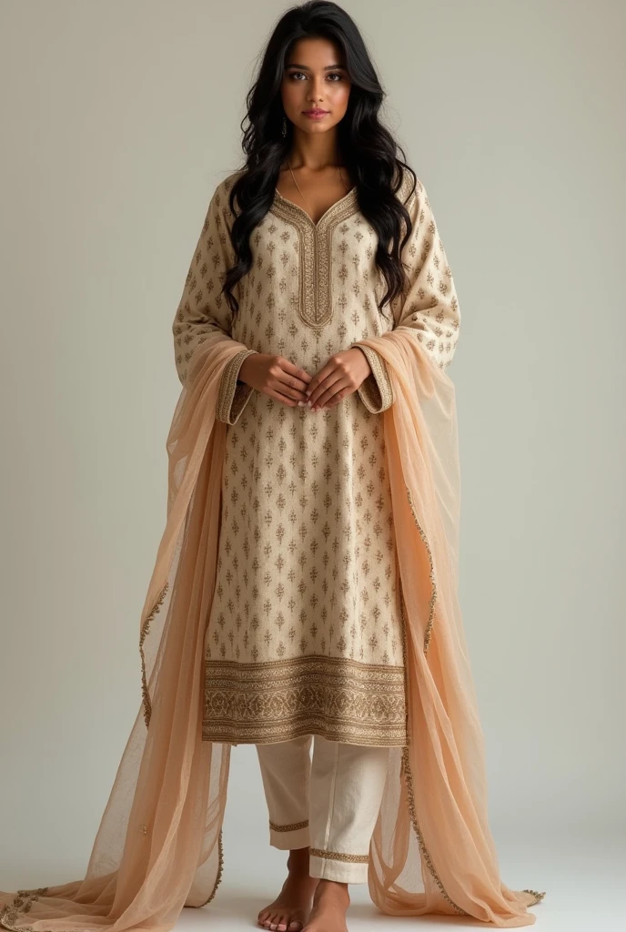 There a woman isma young beautiful Indian woman Wearing salwar kameez and dupatta, face features like Katrina Kaif, Standing looking into the camera, portrait causal photo.. Realism, Realism, Portrait 