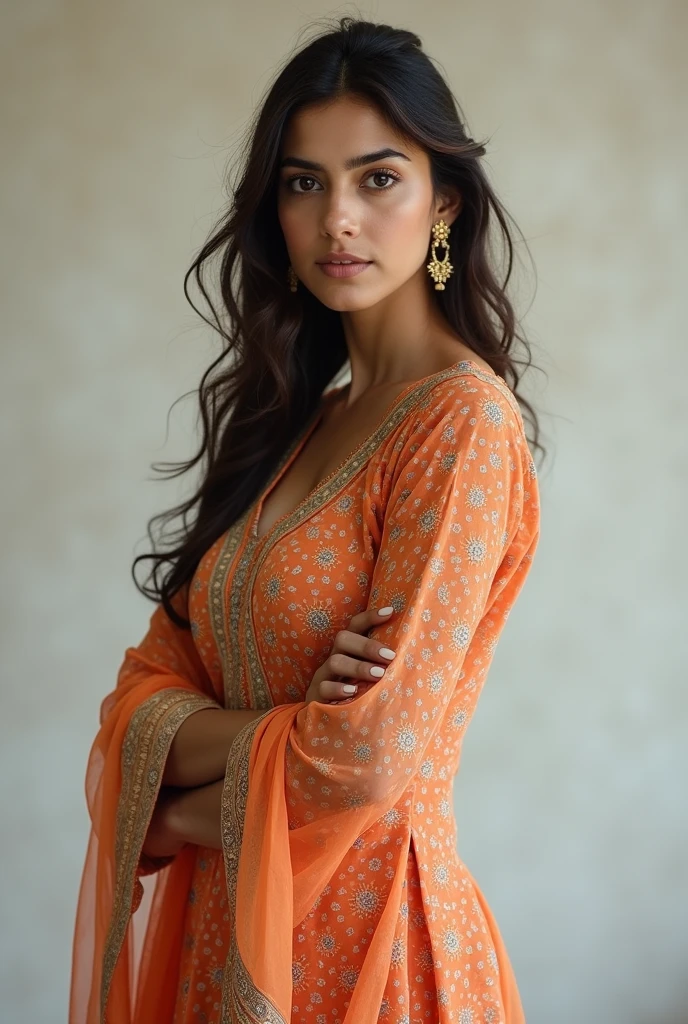There a woman isma young beautiful Indian woman Wearing salwar kameez and dupatta, face features like Katrina Kaif, Standing looking into the camera, portrait causal photo.. Realism, Realism, Portrait