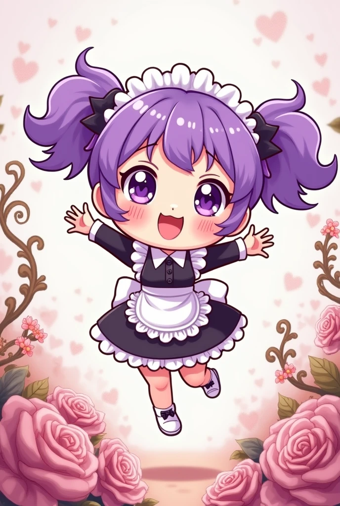 Create an image of a purple haired maid chibi Kawai cartoon style that is jumping for joy super cute, coon roses and Kawai things around it 