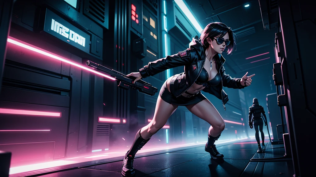 cyberpunk-style city with a nocturnal vibe with Star Wars-like aesthetic references. At night, (1girl, solo, alone), medium-breast slim:0.6 body, oval:0.5 face, cleavage:1.1, sexy black laced bra, miniskirt, white laced panty, coat, (black micro sunglasses), (holding a short gun), (slightly leaning forward running pose), (half-body thigh level medium shot), cinematic lighting, ray tracing.