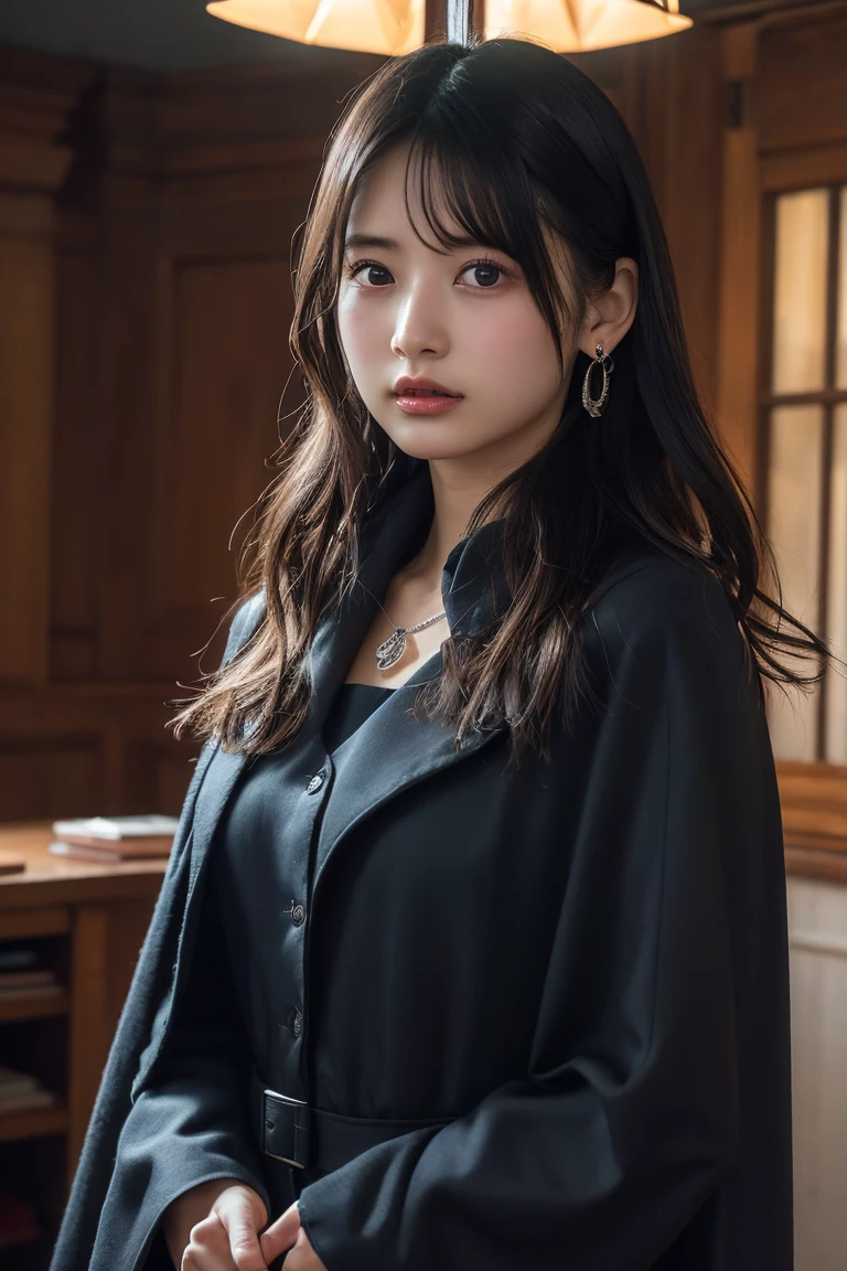 (Highest quality:1.4),(masterpiece:1.4),(Realistic:1.4),(Realistic:1.2),(超High resolution, RAW Photos:1.4),(High resolution, Ultra-detailed:1.2),(8k:1.2),View your viewers,Cinematic photography,One person,skeletally correct,Black-haired woman,Woman in her early 20s,(Small earrings,necklace,Brown cape collar dress),(Western-style building interior,Dimly lit room,The lamplight shines on my cheeks)