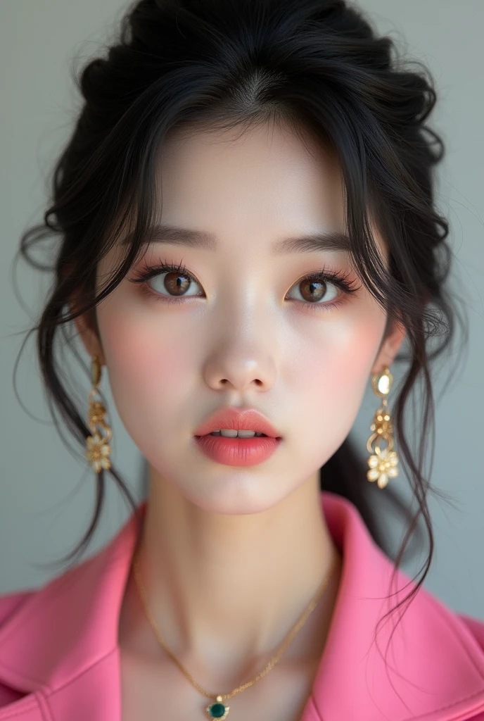A beautiful girl in pink and black big doe korean eye wearing luxury without earrings and clear image