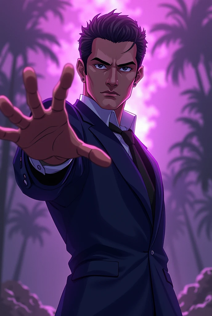 jose rizal using hollow purple technique pointing to his enemy. Make it like an anime style