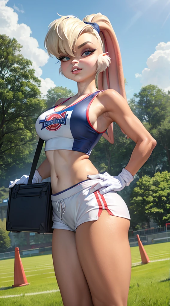 (masterpiece, best quality:1.2),  lola bunny, 1girl, breasts, gloves, solo, furry female, rabbit girl, shorts, white gloves, furry, navel, rabbit ears, animal ears, large breasts, cleavage, collarbone, white shorts, midriff, sportswear, sports bra, bare shoulders, standing, stomach, crop top, tail, short shorts, blue eyes, thighs, rabbit tail, basketball uniform, clothes writing, toned, animal nose, parted lips, sleeveless, teeth, short hair, shirt, outdoors, umbrella, grass, holding, field, holding umbrella, standing, grey sky, suitcase, sky, scenery, wide shot, briefcase, cloud, black umbrella