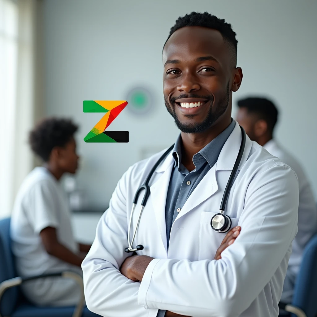Create a picture for a health channel called ZimVitals, with motto "Wellness together, happiness forever". With a photorealistic black doctor with a patient in the background. Put a Z which has green, yellow, red and black in that order.