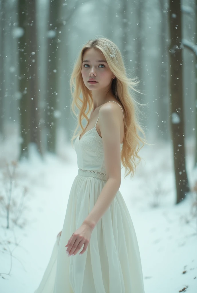 Generates a girl, slim, Natural blonde like the sun, long wavy hair, Too white and pure skin and Emerald green eyes with a white dress covered and walking in a forest with snow in front