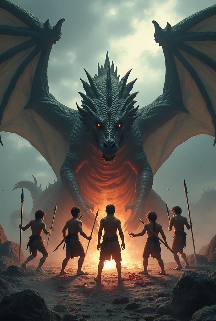 Five barefoot warrior boys, , standing around dragon with spears, stabbing those spears into its belly, slaying dragon