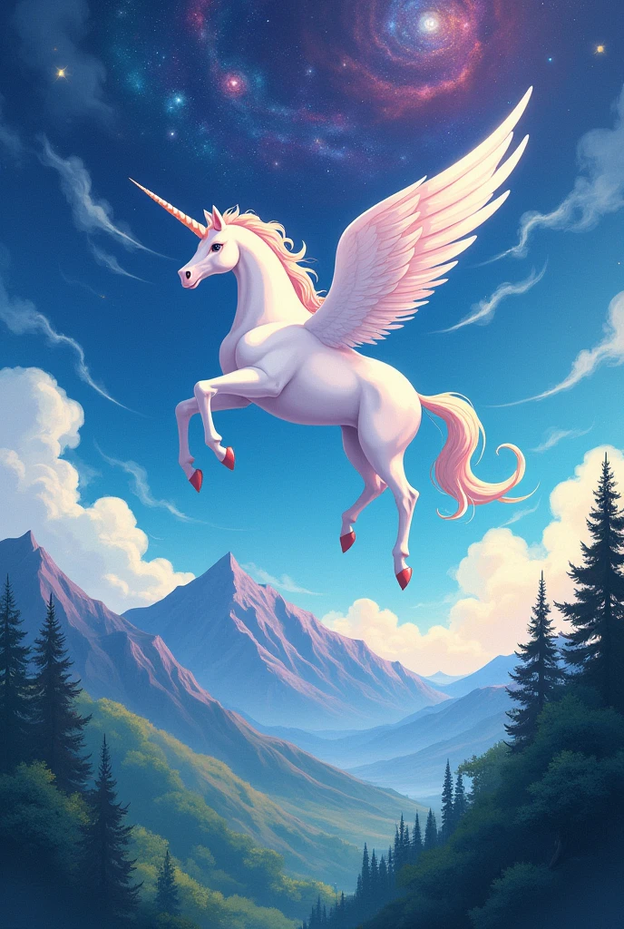 Ghibli style、Unicorn Pegasus、Pink、universe、shooting star、Fantasy、Descending into the Shirakami Mountains