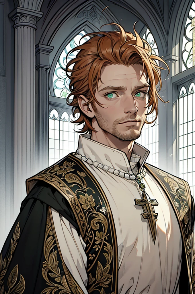 (masterpiece),(Very detailed),(Very detailed),(best quality), perfect lighting, fantasy priest 40 years old, ((short messy ginger hair)), tall, stunning, beautifull face, green eyes, priest clothing, animated style, perfect face, highest detail, stubble, detailed face, intricate details, expresionless