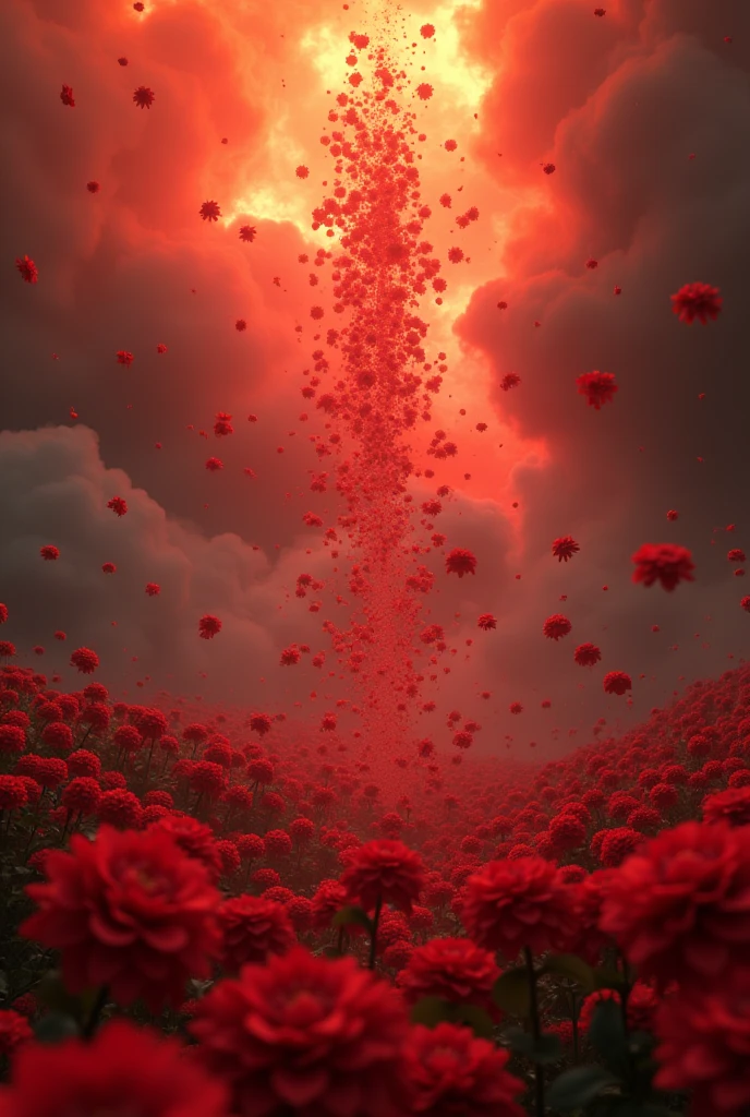 (photorealism:1.2), a group of red flowers falling down in the inferno