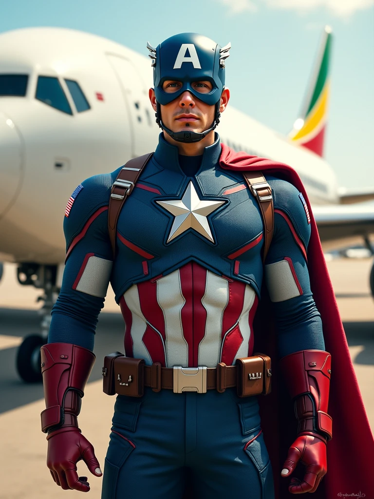 capitain America dressing ethiopan flag and standing firm infront of Ethiopian airlines  plane and the halmet have E letter and ethiopian flag at his back