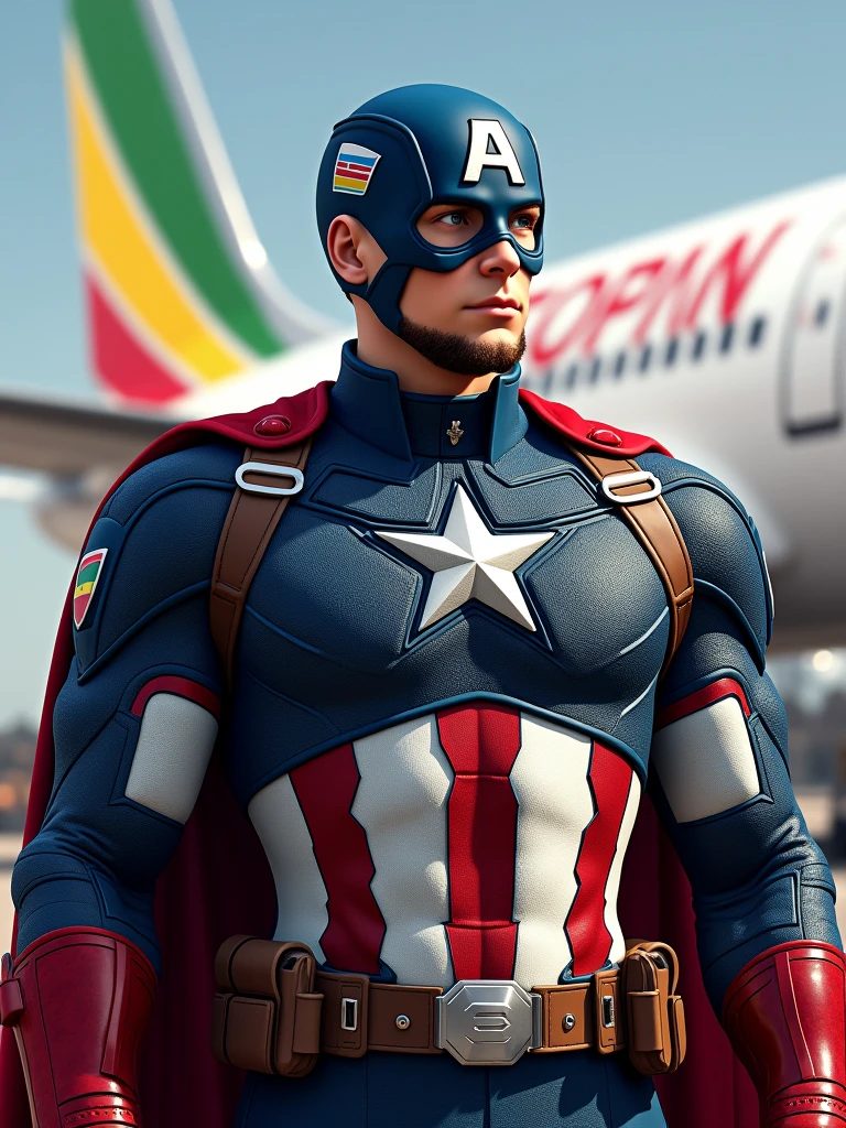 capitain America dressing ethiopan flag and standing firm infront of Ethiopian airlines plane and the halmet have E letter and ethiopian flag at his back