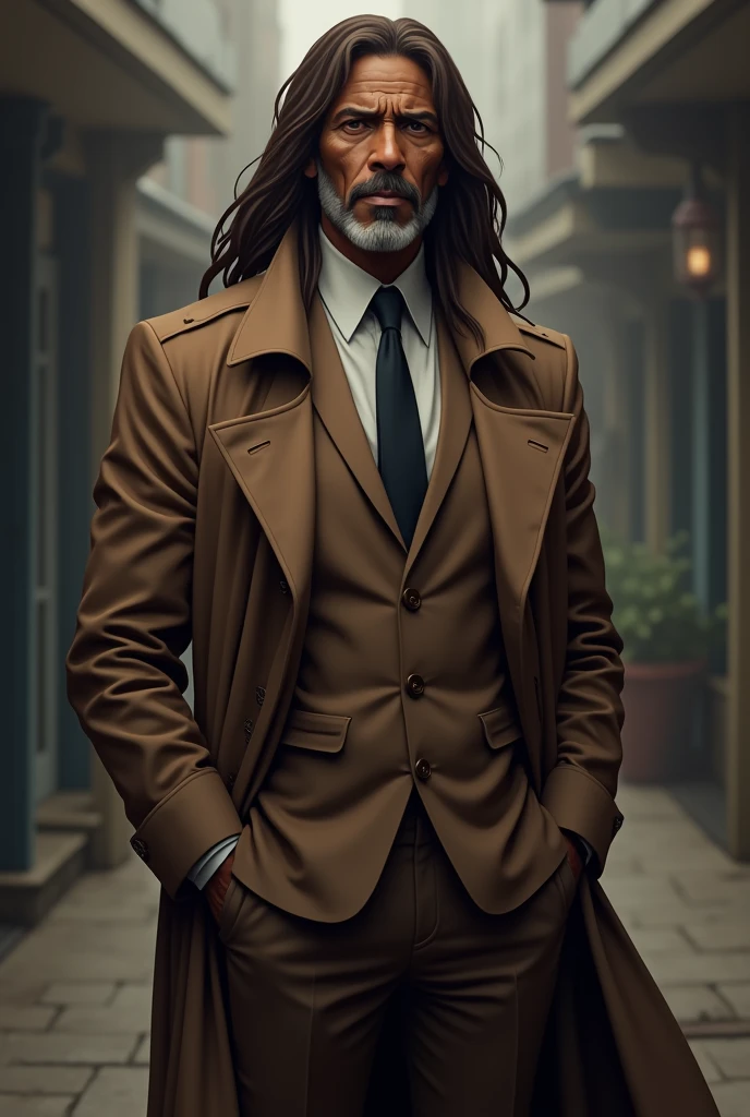 Middle-aged African man with long brown hair, He wears a brown formal suit with a trench coat, Whole body, anime style