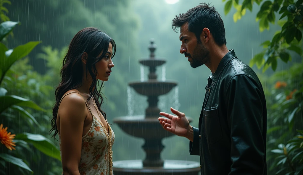 A woman and a man are fighting.,in the garden ,It's raining outside. 4k details.