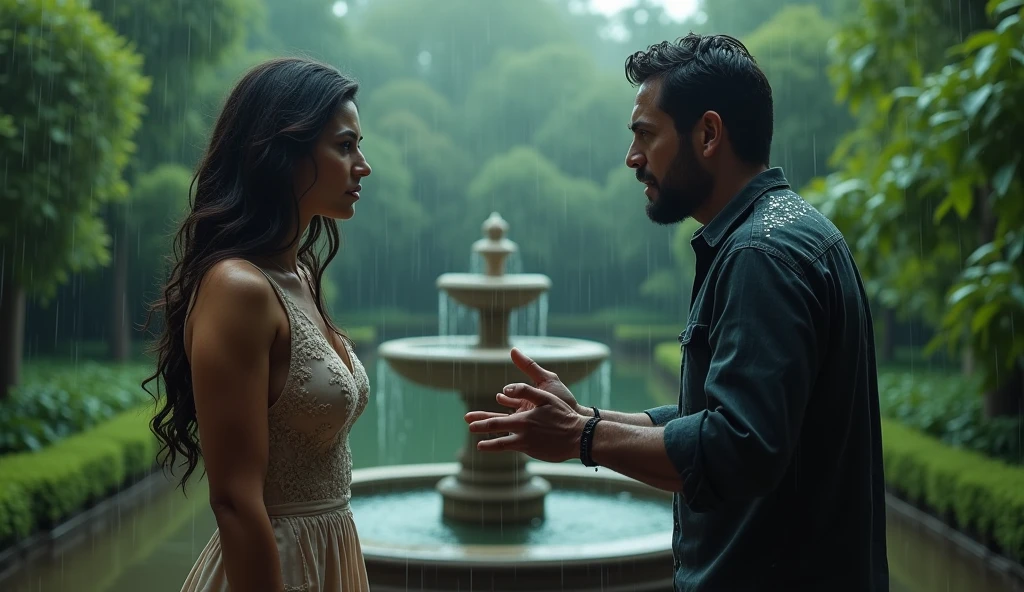 A woman and a man are fighting.,in the garden ,It&#39;s raining outside. 4k details. 