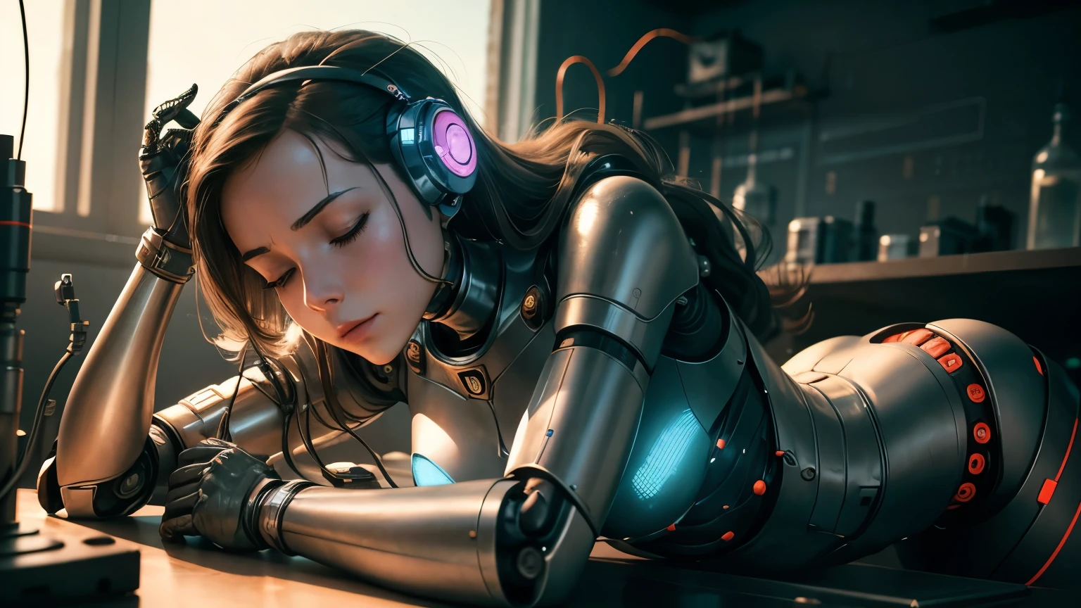 robowoman lies on table in science lab, wires and tubes, mechanical body, lifeless look, closed eyes, high detailed image, masterpiece