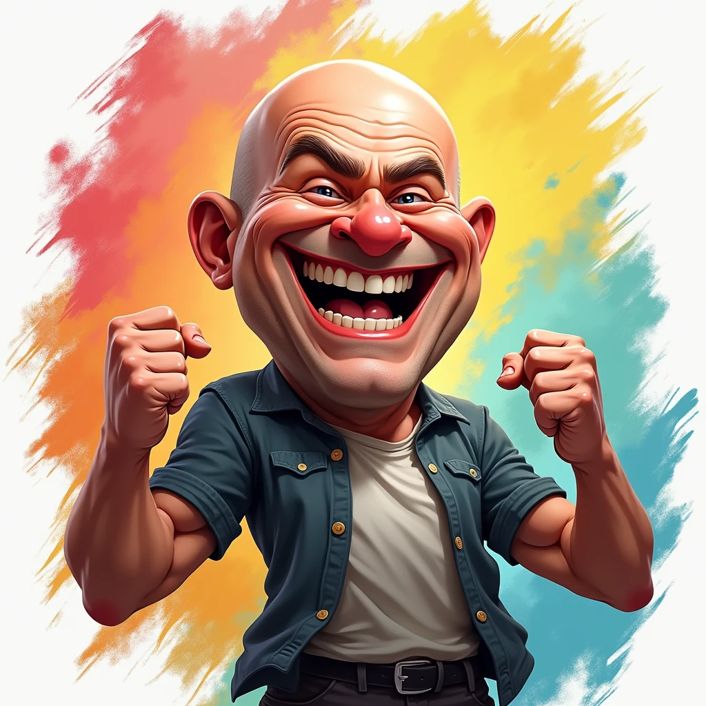 Caricature of bald man, laughing, joy, fighter