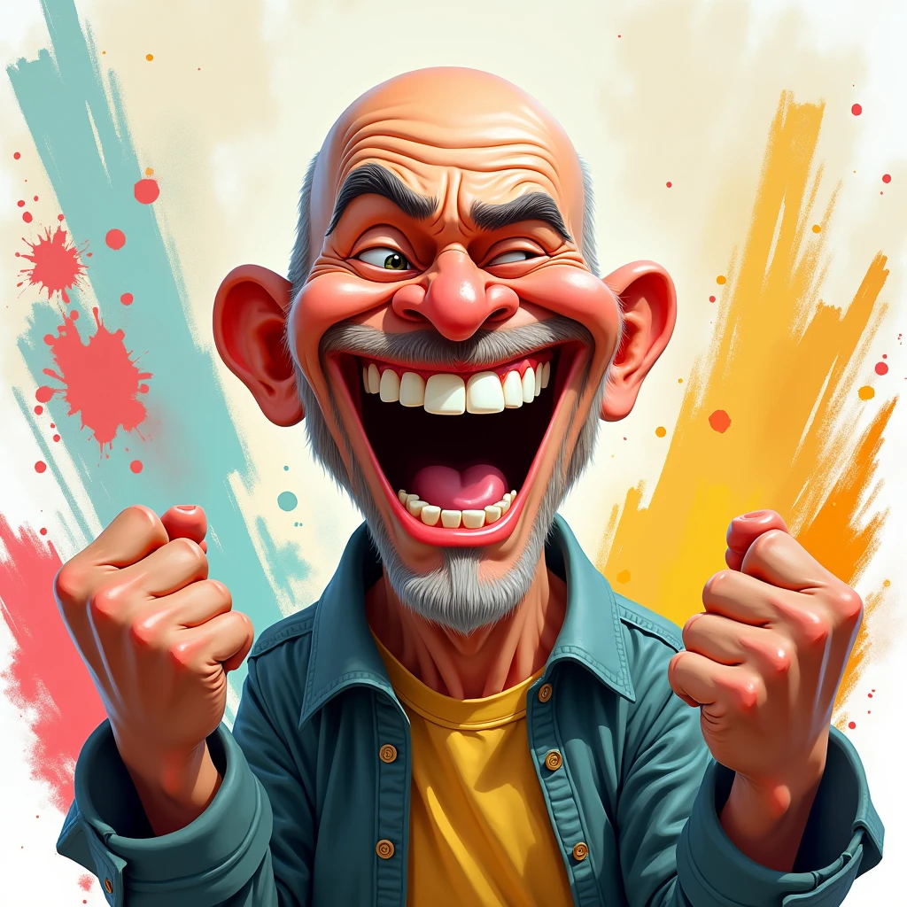 Caricature of bald man, laughing, joy, fighter