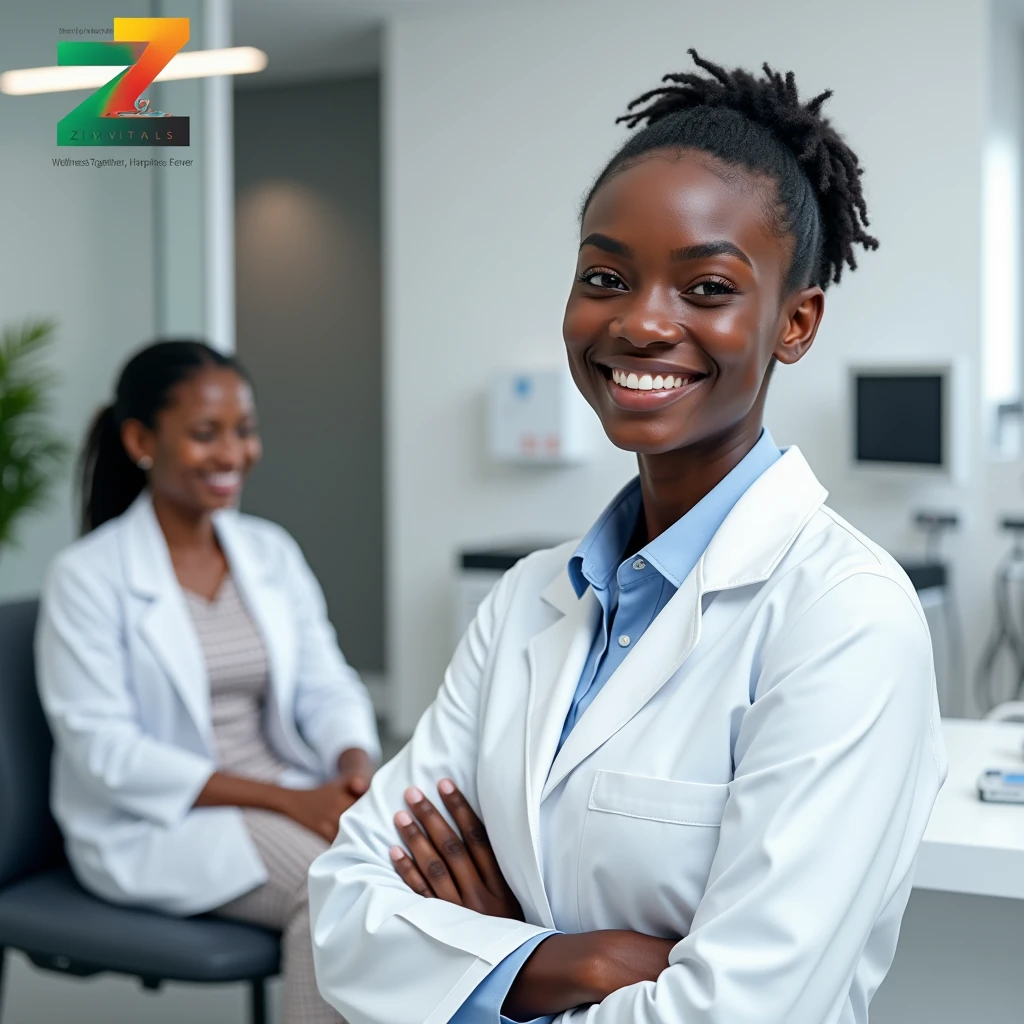 Create a picture for a health channel called ZimVitals, with motto "Wellness together, happiness forever". With a photorealistic black doctor with a patient in the background. Put a Z which has green, yellow, red and black in that order.