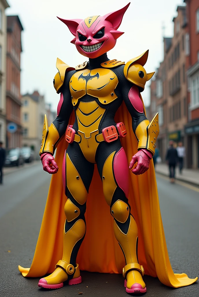Create superheroes suit look alike batman yellow pink red colour full body armour laugh face expression