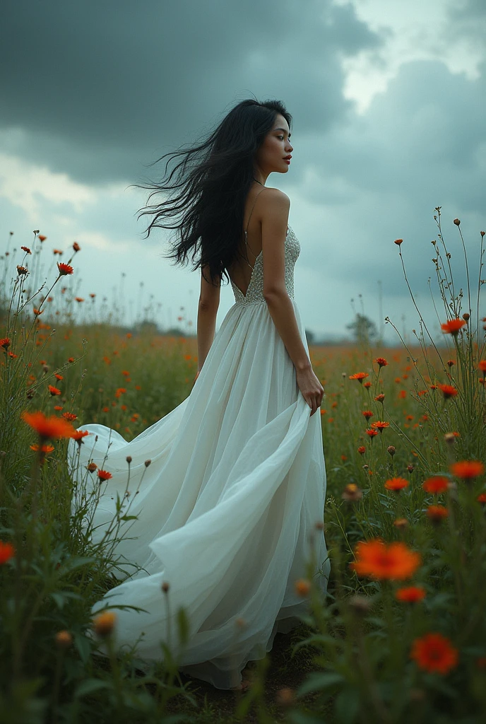 Wild meadow with wild flowers swaying in the middle of a wild storm with dark and gloomy sky, wet grass, and low and dense storm clouds, in the middle is a beautiful Indonesian woman with long and messy black hair wearing a very beautiful white wedding dress fluttering in the wind, close up, dynamic pose