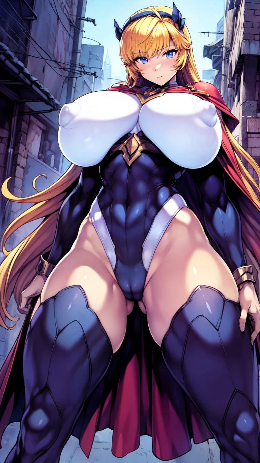 masterpiece, Highest quality,Hero Suit、 White leotard, Are standing, View your viewers, Blonde Long Hair, Superhero, boots、Cape,(Are standing、Combat Ready、Huge wide breasts、Cameltoe)、from the front、Big city at night、Dynamic Pose、Dynamic Action