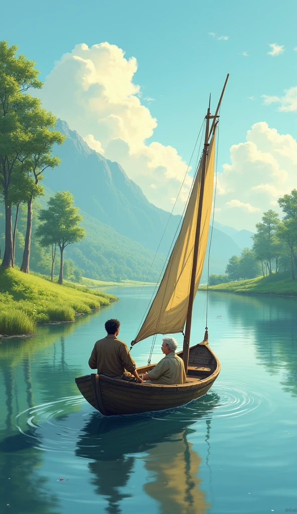 In the middle of the river, a sailor is sailing a boat with an old mother