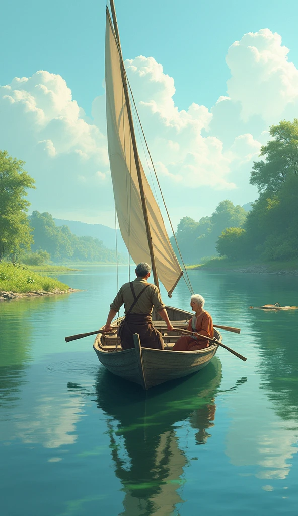 In the middle of the river, a sailor is sailing a boat with an old mother