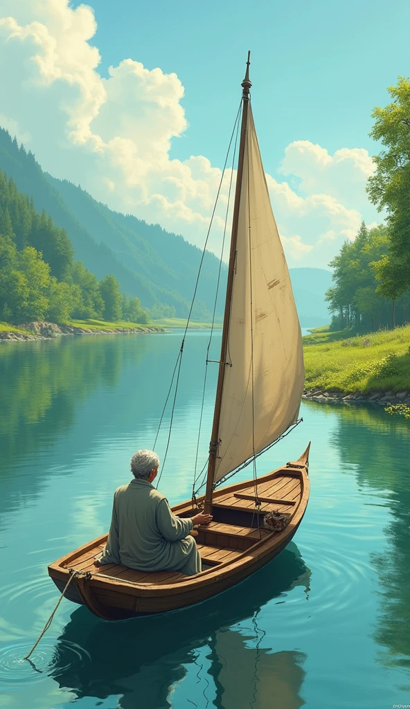 In the middle of the river, a sailor is sailing a boat with an old mother