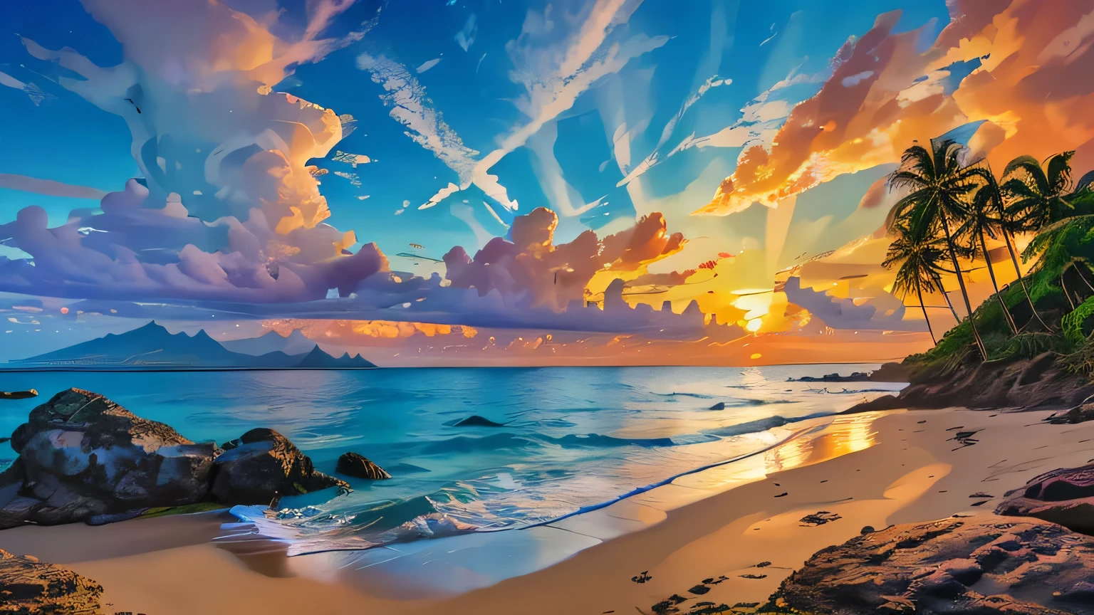 ((high resolution, HDR, HD, extra sharp, 8ก)), Tropical beach artwork with sea and clouds in the background., Sunset time, A very detailed landscape, Detailed vegetation