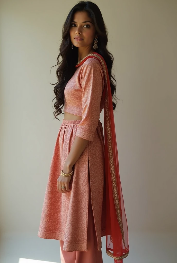 There a woman isma young beautiful Indian woman Wearing salwar kameez and dupatta, face features like Katrina Kaif, Standing looking into the camera, portrait causal photo.. Realism, Realism, Portrait