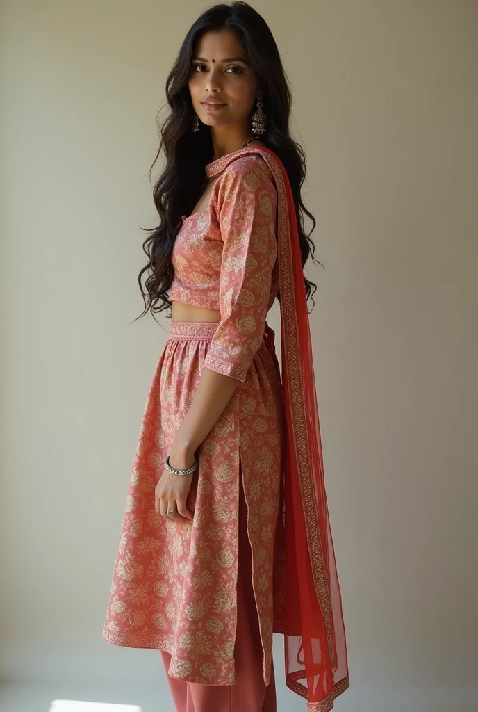 There a woman isma young beautiful Indian woman Wearing salwar kameez and dupatta, face features like Katrina Kaif, Standing looking into the camera, portrait causal photo.. Realism, Realism, Portrait 