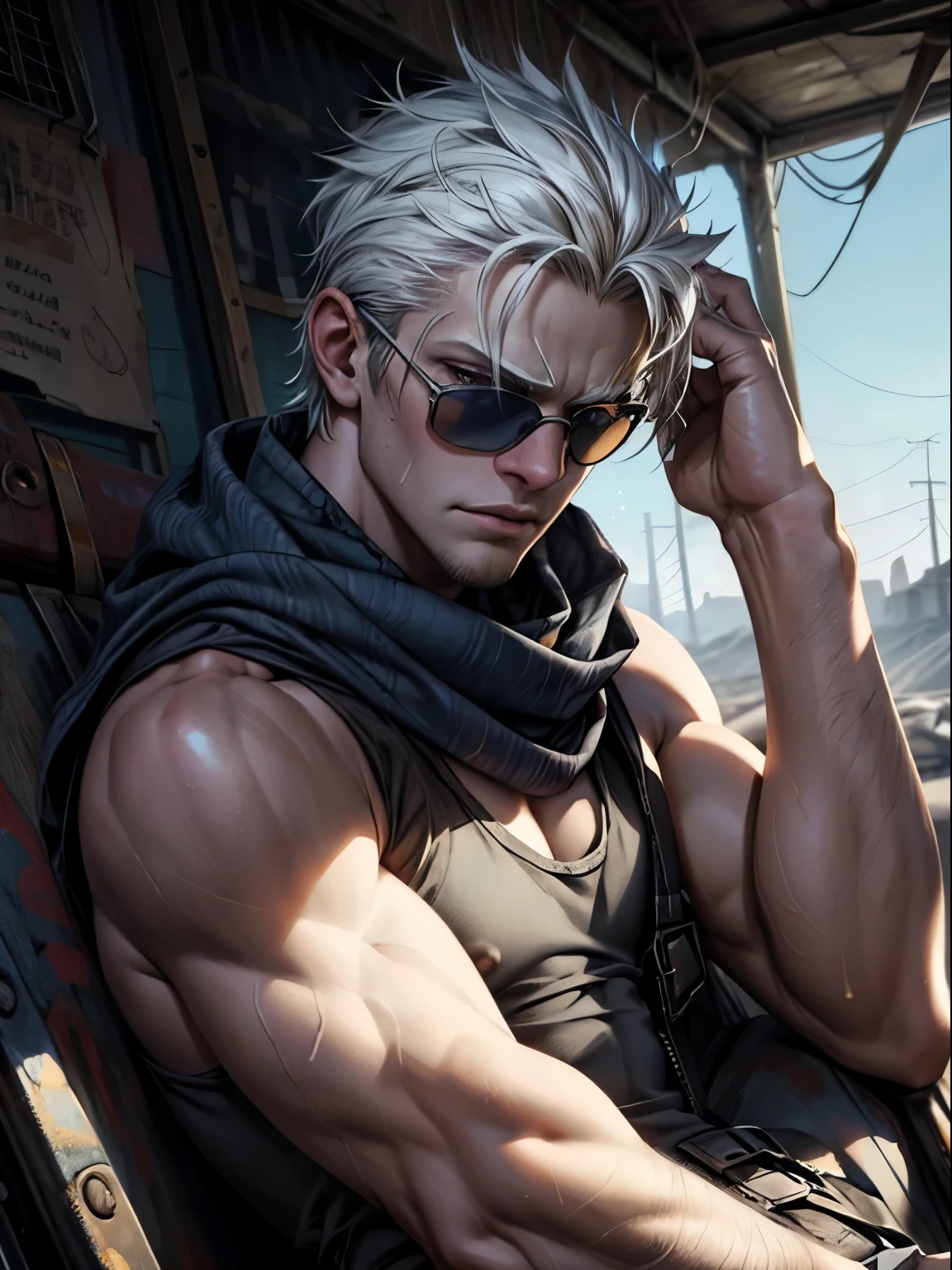 In the post-apocalyptic world, Where humanity has regressed to a primal state, He sat on the wreckage., Albino manที่มีผิวสีขาวซีดเห็นเส้นเลือด,Albino man, Bohemian, muscular, short hair,Wear a tank top,There are sunglasses placed on the forehead., But what makes him stand out is his elaborate navy blue scarf., A symbol of his dominance over the wasteland.
