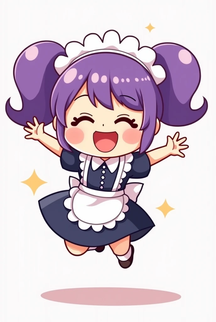 Create an image of a purple haired maid in chibi Kawai cartoon style that is jumping for joy super cute vector style 